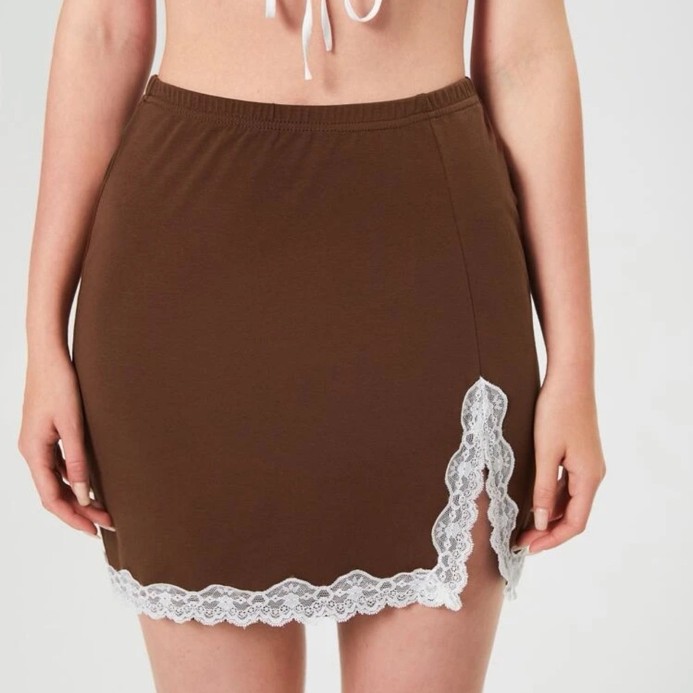 New Casual Boho Coffee Brown Colorblock Lace Trim Split Hem Bodycon Skirt - Picture 6 of 10